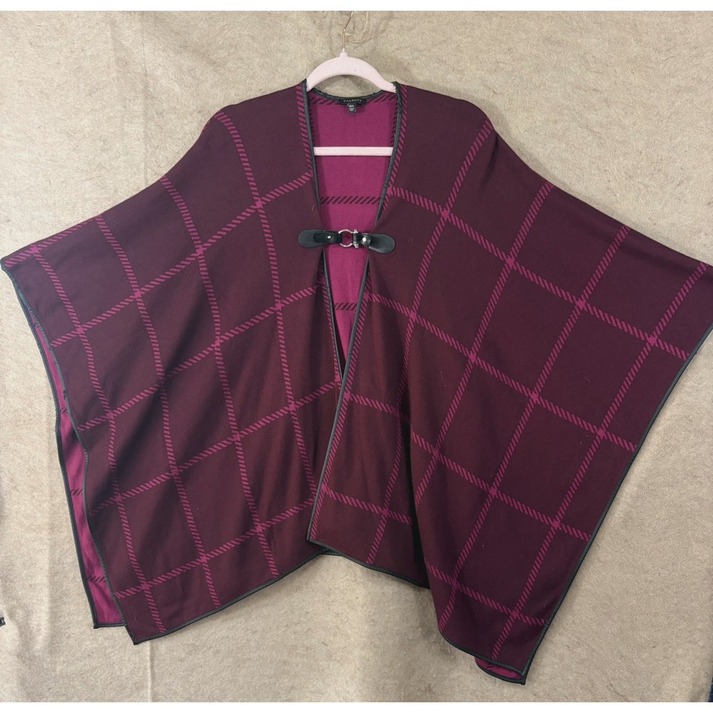 Talbots Ruana Cape Poncho Womens Sz M/L Burgundy Plaid Buckle Closure